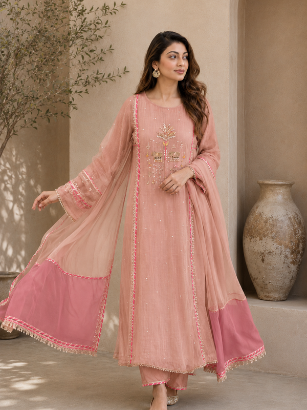 Elegant Embroidered Cotton Blend Kurta Set with Contrast Pink Dupatta