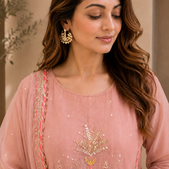 Elegant Embroidered Cotton Blend Kurta Set with Contrast Pink Dupatta