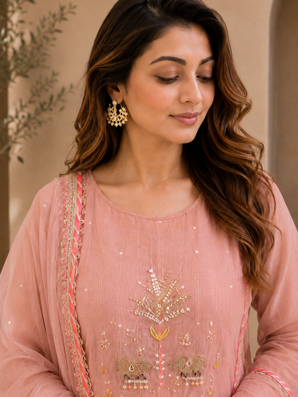 Elegant Embroidered Cotton Blend Kurta Set with Contrast Pink Dupatta