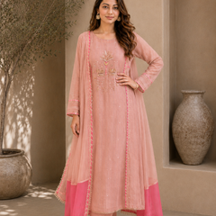 Elegant Embroidered Cotton Blend Kurta Set with Contrast Pink Dupatta