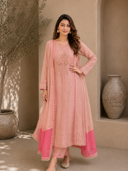 Elegant Embroidered Cotton Blend Kurta Set with Contrast Pink Dupatta