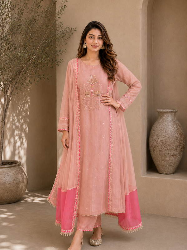 Elegant Embroidered Cotton Blend Kurta Set with Contrast Pink Dupatta