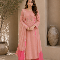 Elegant Embroidered Cotton Blend Kurta Set with Contrast Pink Dupatta