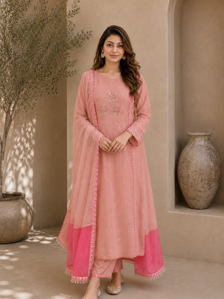 Elegant Embroidered Cotton Blend Kurta Set with Contrast Pink Dupatta