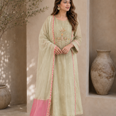 Elegant Embroidered Cotton Blend Kurta Set with Contrast Pink Dupatta