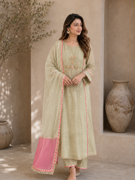 Elegant Embroidered Cotton Blend Kurta Set with Contrast Pink Dupatta