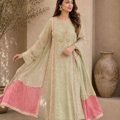 Elegant Embroidered Cotton Blend Kurta Set with Contrast Pink Dupatta