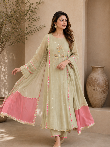 Elegant Embroidered Cotton Blend Kurta Set with Contrast Pink Dupatta