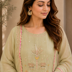 Elegant Embroidered Cotton Blend Kurta Set with Contrast Pink Dupatta