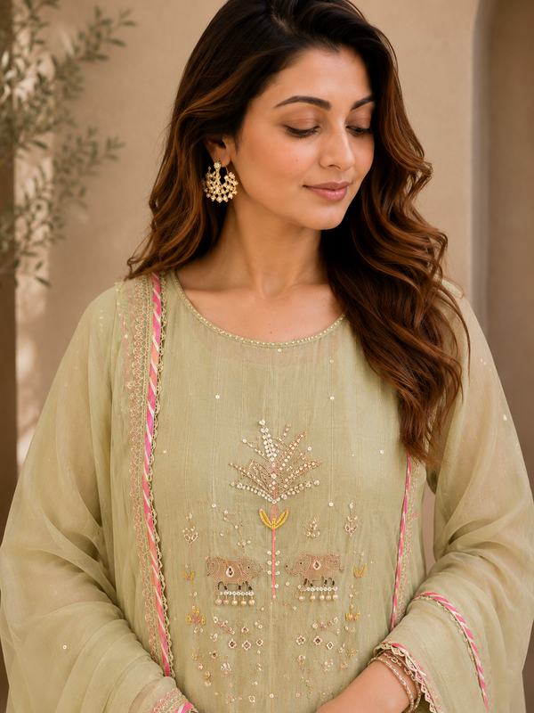 Elegant Embroidered Cotton Blend Kurta Set with Contrast Pink Dupatta