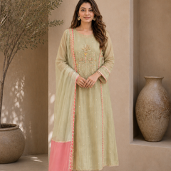 Elegant Embroidered Cotton Blend Kurta Set with Contrast Pink Dupatta