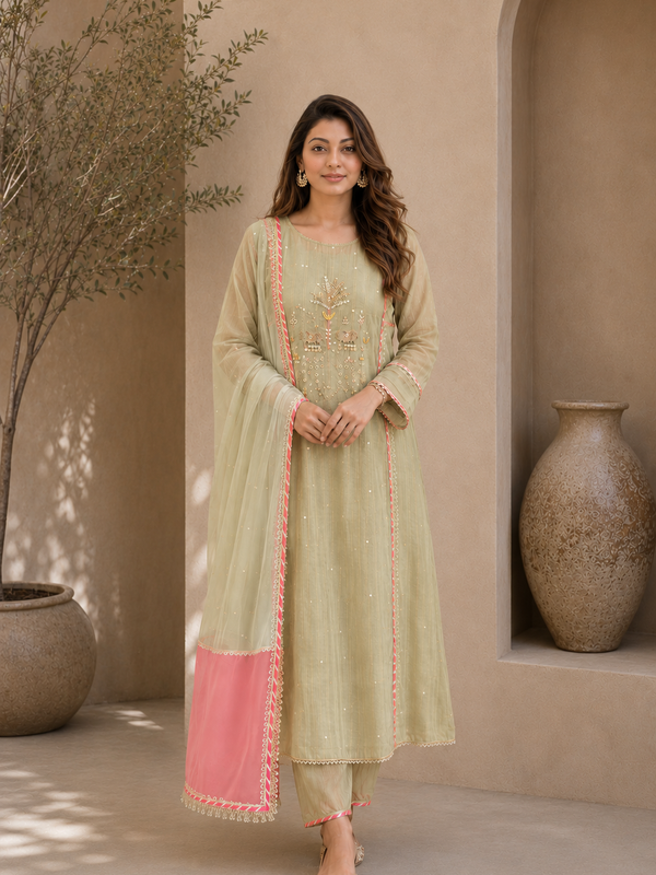 Elegant Embroidered Cotton Blend Kurta Set with Contrast Pink Dupatta