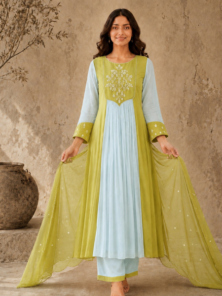 Mint Green Embroidered Anarkali Suit Set with Lime Dupatta