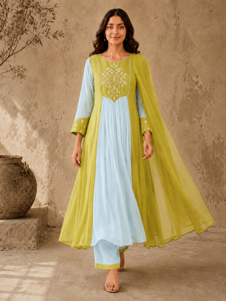 Mint Green Embroidered Anarkali Suit Set with Lime Dupatta