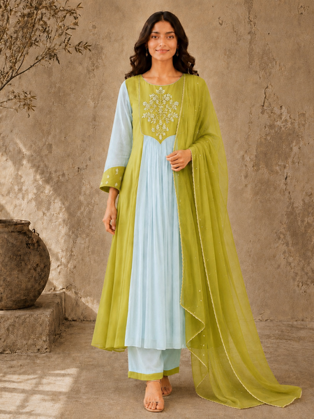 Mint Green Embroidered Anarkali Suit Set with Lime Dupatta