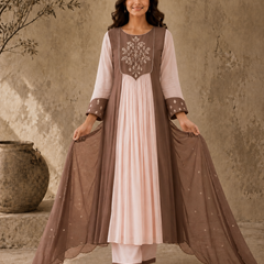 Brown Embroidered Anarkali Suit Set with Brown Dupatta