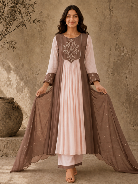 Brown Embroidered Anarkali Suit Set with Brown Dupatta