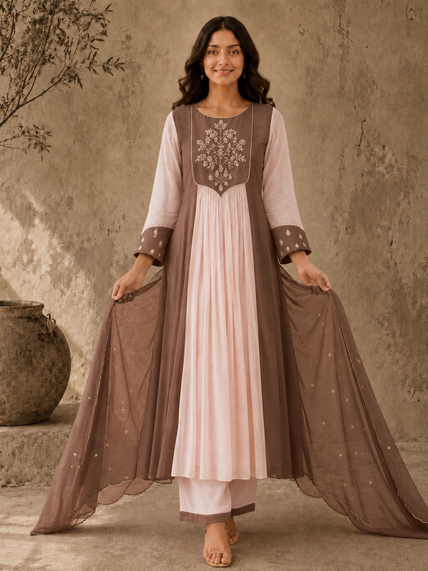 Brown Embroidered Anarkali Suit Set with Brown Dupatta