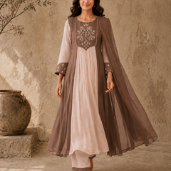 Brown Embroidered Anarkali Suit Set with Brown Dupatta