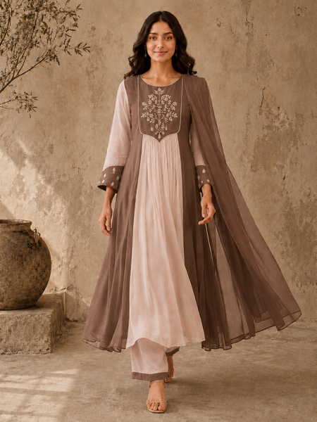 Brown Embroidered Anarkali Suit Set with Brown Dupatta