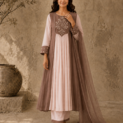 Brown Embroidered Anarkali Suit Set with Brown Dupatta