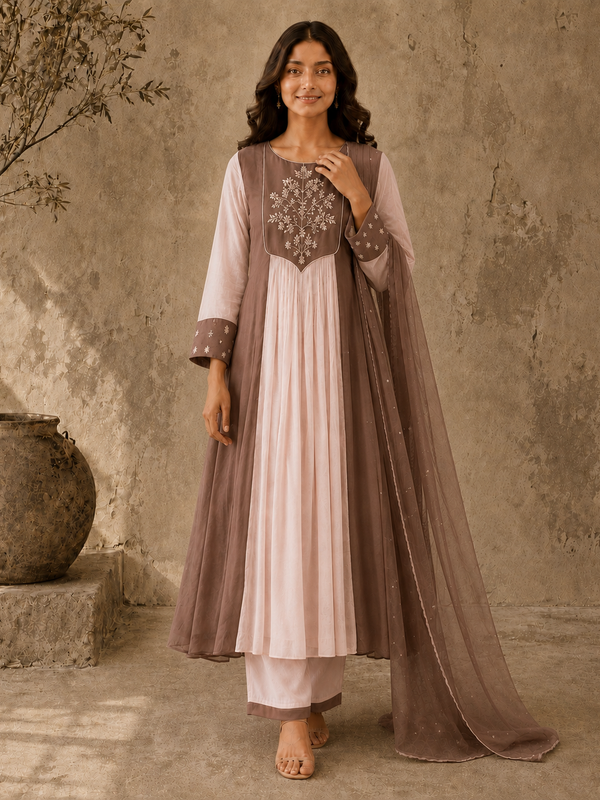 Brown Embroidered Anarkali Suit Set with Brown Dupatta