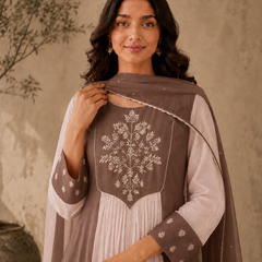 Brown Embroidered Anarkali Suit Set with Brown Dupatta