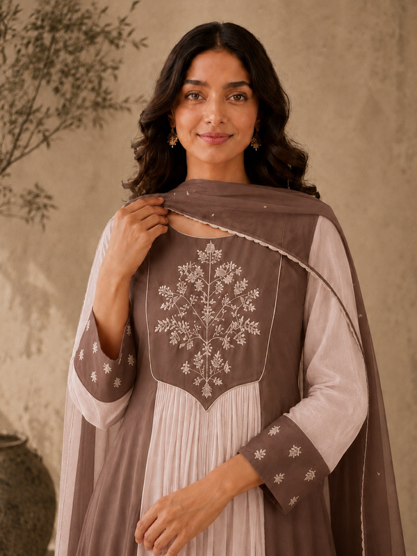 Brown Embroidered Anarkali Suit Set with Brown Dupatta