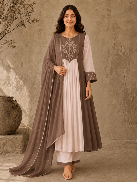 Brown Embroidered Anarkali Suit Set with Brown Dupatta