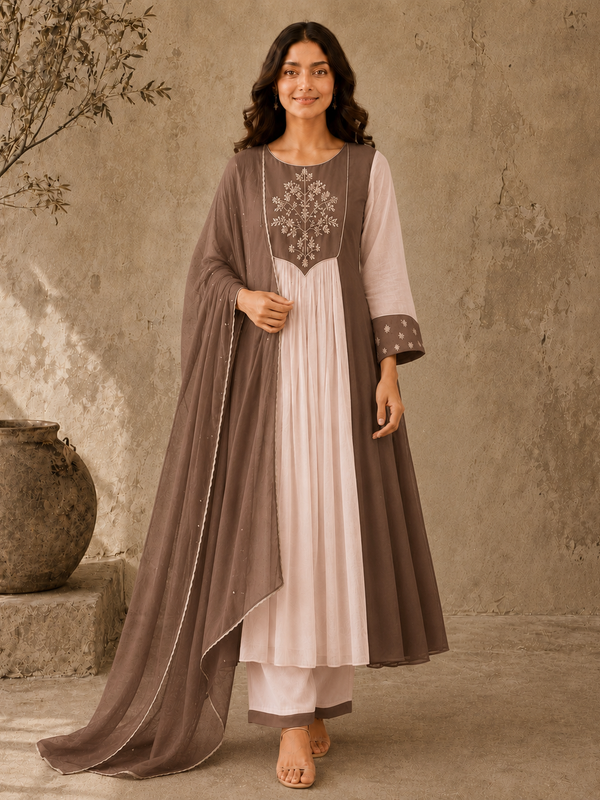 Brown Embroidered Anarkali Suit Set with Brown Dupatta