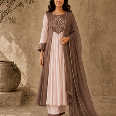 Brown Embroidered Anarkali Suit Set with Brown Dupatta