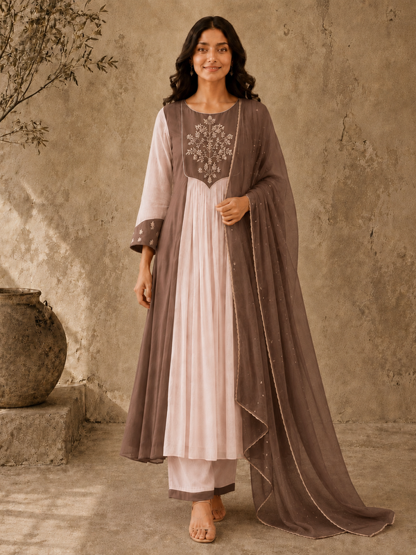 Brown Embroidered Anarkali Suit Set with Brown Dupatta