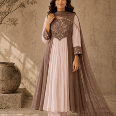 Brown Embroidered Anarkali Suit Set with Brown Dupatta