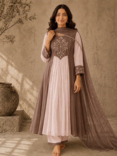Brown Embroidered Anarkali Suit Set with Brown Dupatta