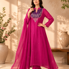 Women's Fuchsia Embroidered Anarkali Suit Set with Dupatta
