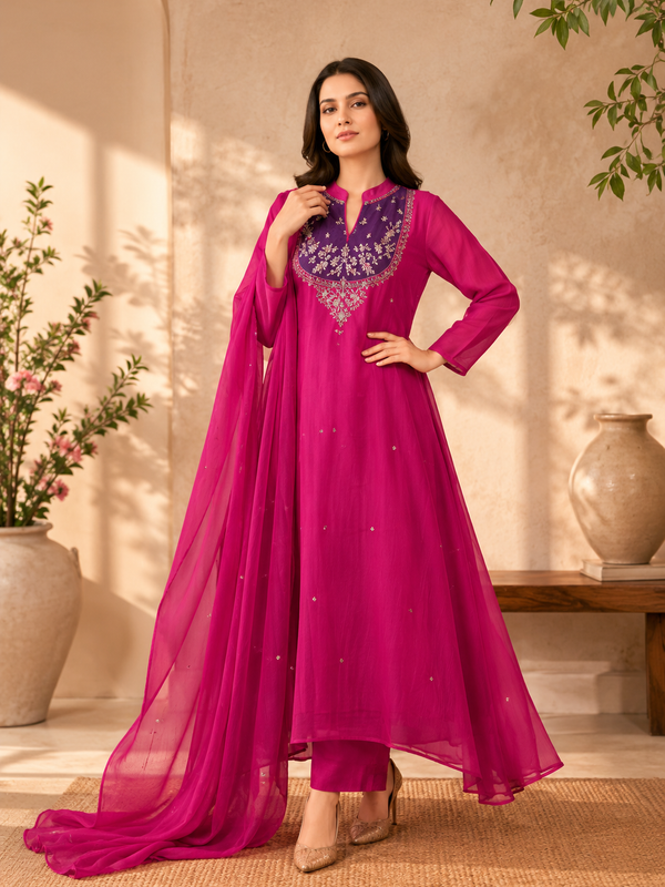 Women's Fuchsia Embroidered Anarkali Suit Set with Dupatta