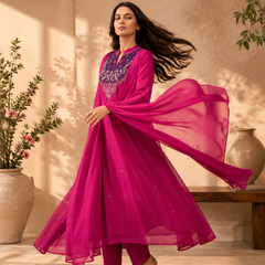 Women's Fuchsia Embroidered Anarkali Suit Set with Dupatta