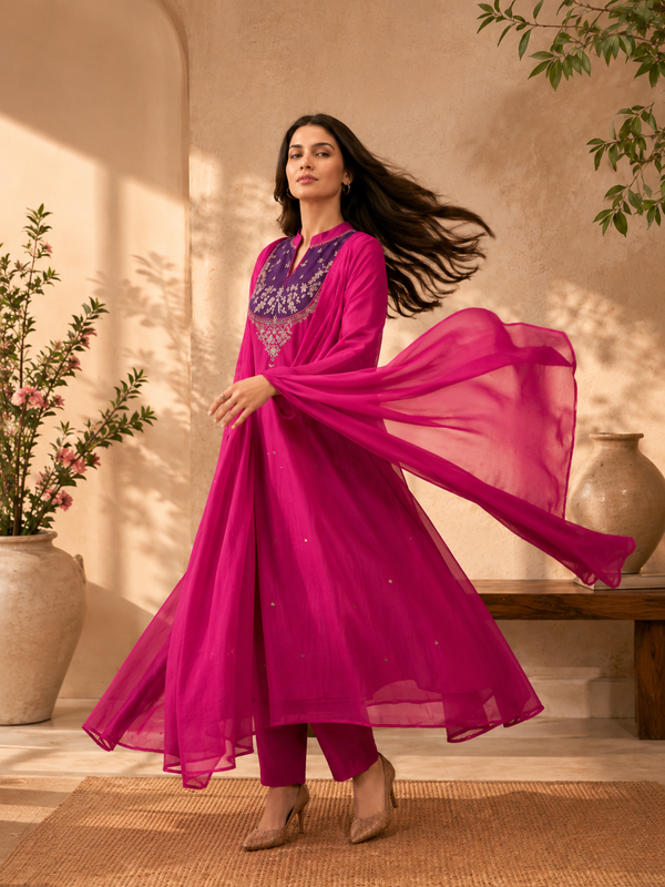 Women's Fuchsia Embroidered Anarkali Suit Set with Dupatta