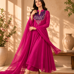 Women's Fuchsia Embroidered Anarkali Suit Set with Dupatta