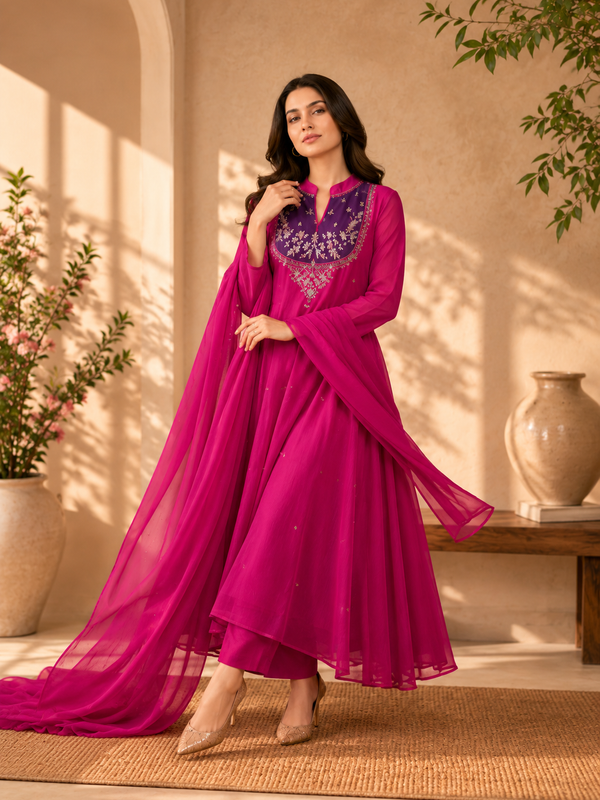 Women's Fuchsia Embroidered Anarkali Suit Set with Dupatta