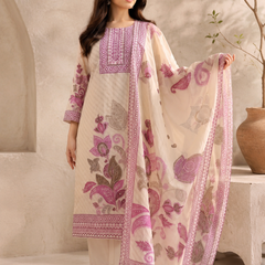 Beige & Magenta Floral Printed Soft Silk Suit Set With Embroidered Neckline & Dupatta