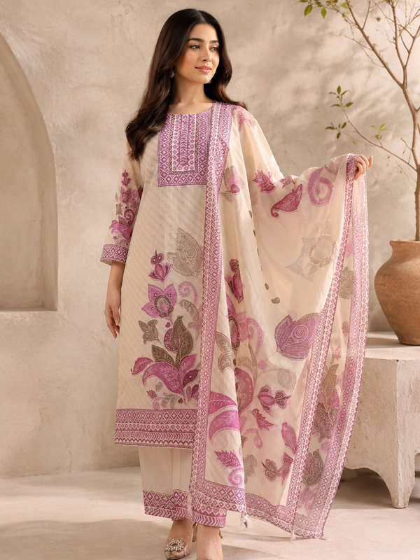 Beige & Magenta Floral Printed Soft Silk Suit Set With Embroidered Neckline & Dupatta