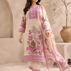 Beige & Magenta Floral Printed Soft Silk Suit Set With Embroidered Neckline & Dupatta
