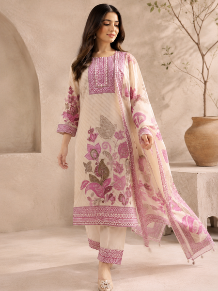 Beige & Magenta Floral Printed Soft Silk Suit Set With Embroidered Neckline & Dupatta