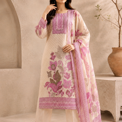 Beige & Magenta Floral Printed Soft Silk Suit Set With Embroidered Neckline & Dupatta