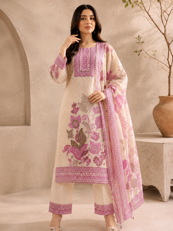 Beige & Magenta Floral Printed Soft Silk Suit Set With Embroidered Neckline & Dupatta