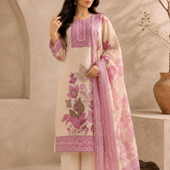 Beige & Magenta Floral Printed Soft Silk Suit Set With Embroidered Neckline & Dupatta