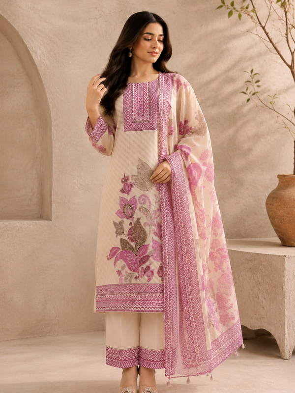 Beige & Magenta Floral Printed Soft Silk Suit Set With Embroidered Neckline & Dupatta