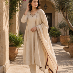 Elegant Beige Silk Anarkali Suit Set with Maroon Piping & Embroidered Neckline