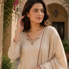 Elegant Beige Silk Anarkali Suit Set with Maroon Piping & Embroidered Neckline